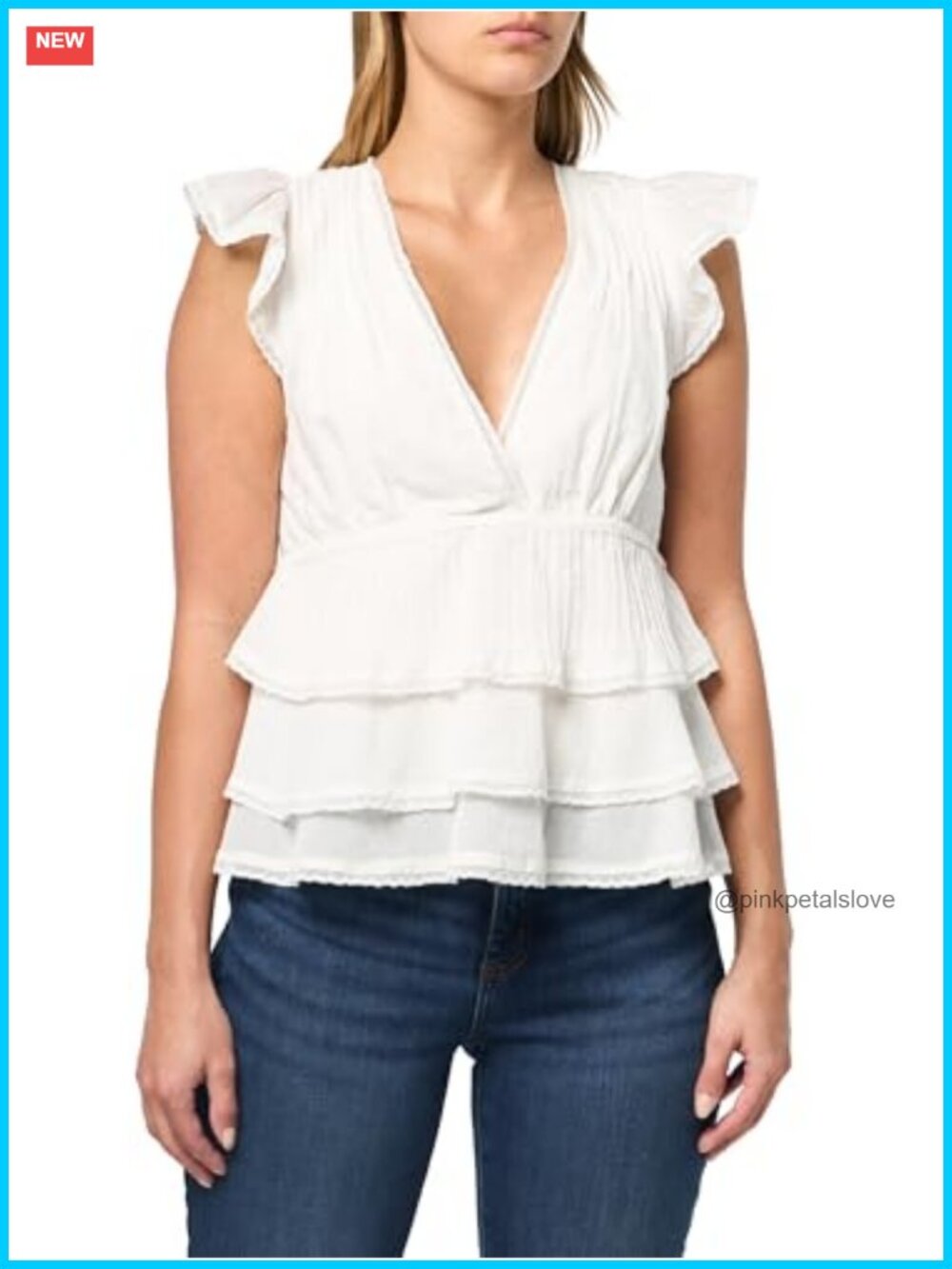 Sleeveless Tiered Peplum Top with Ruffle Trim Deep V-Neck